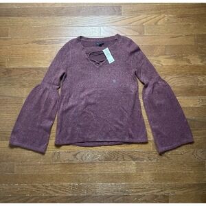 American Eagle Y2K Bell Sleeve Criss Cross Neck Knit Sweater Pink Size Small New